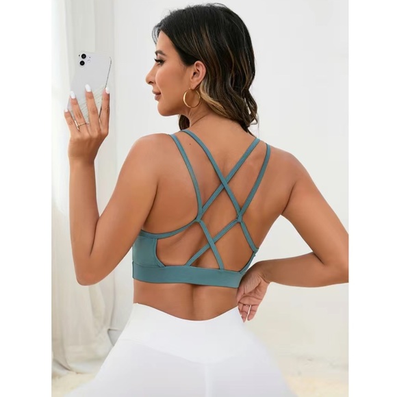 Dusty Blue Double Strap Criss Cross Backless Padded Sports Bra - Picture 1 of 14